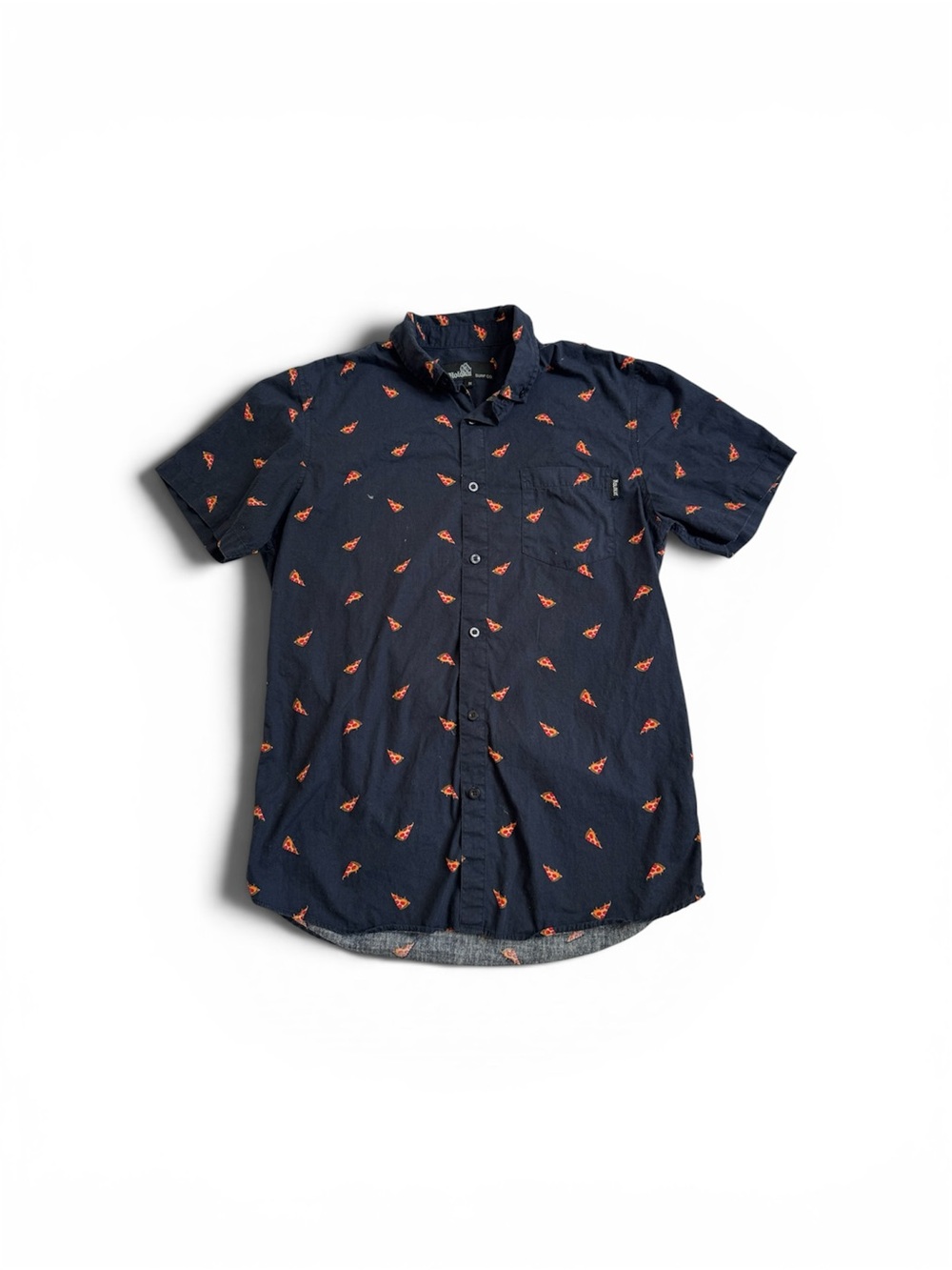 Navy Short-Sleeve Button-Down Shirt with Orange Print